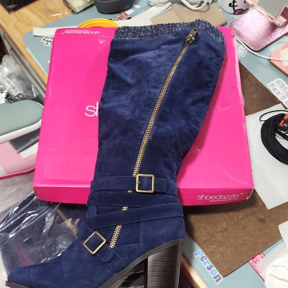 Shoe Dazzle Blue Heeled Boots with Buckle Straps